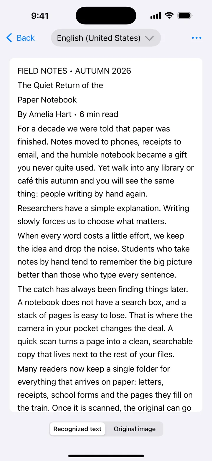 Recognized text of a scanned article, next to a switch for the original image