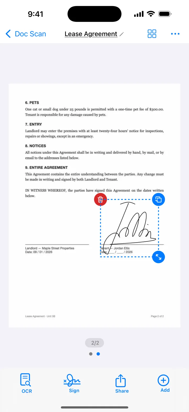 A signature placed on a scanned document