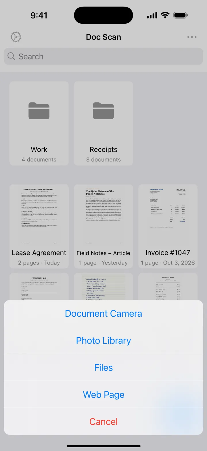 Import options for photos, files and web pages